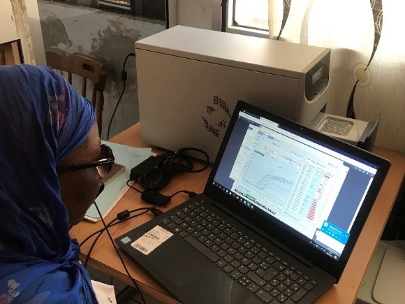 Dr. Ndiaye looks at charts and graphs on a laptop
